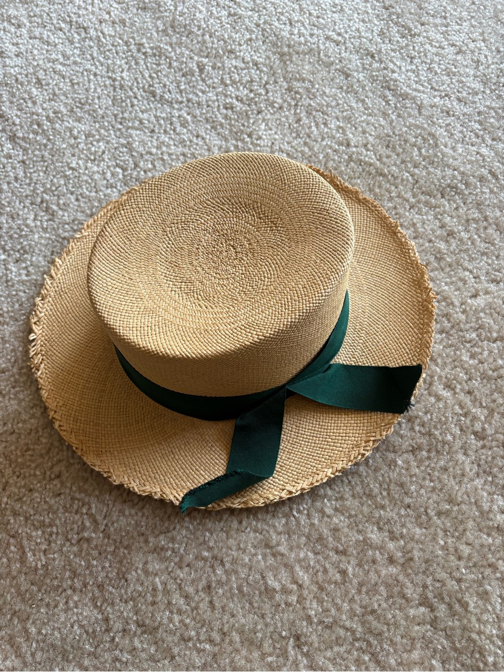 Straw Boater Hat with Green Ribbon